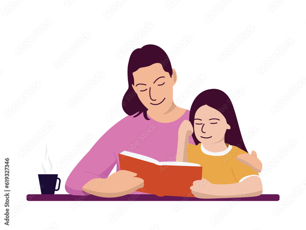 Mother helping her daughter study, teach and read together, back to school vector flat character drawing