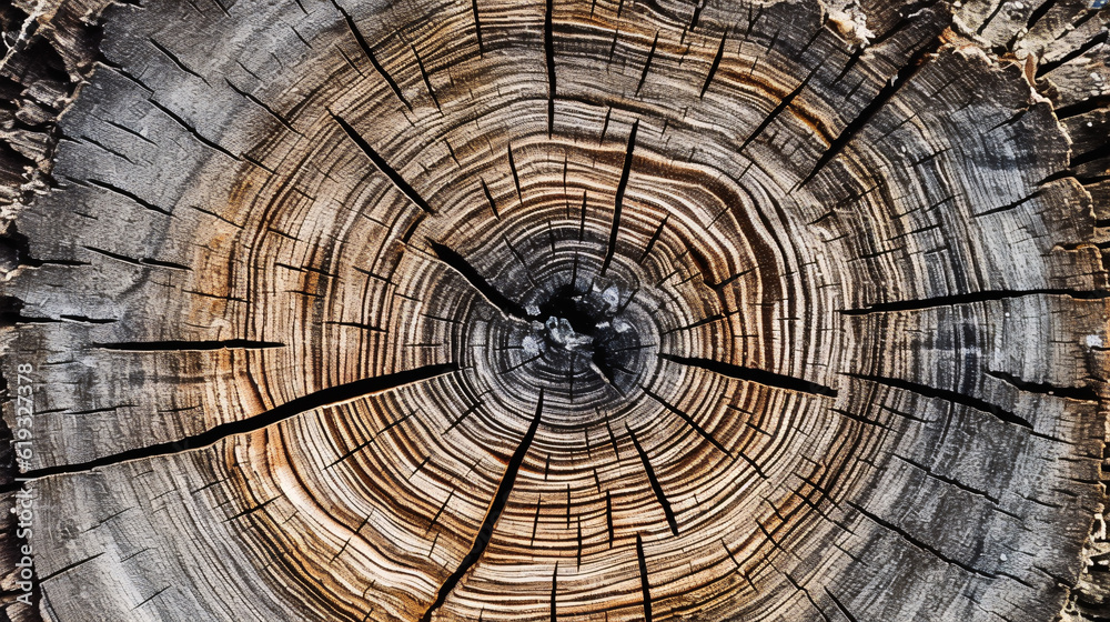 Wood texture of cut tree trunk, close-up. Generative Ai