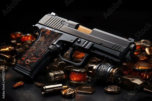 Black 9mm cabot gun, pistol, bullets, defense, military, ai generated photo