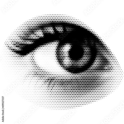 Retro halftone collage eye for use in mixed media designs. Dotted pop art style open human eye with half-tone texture. Vector illustration of vintage grunge punk crazy art stencils.