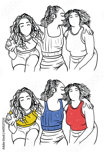 Three female best friends laughing doing fun and chilling happy moment simple colorful line art drawing for business