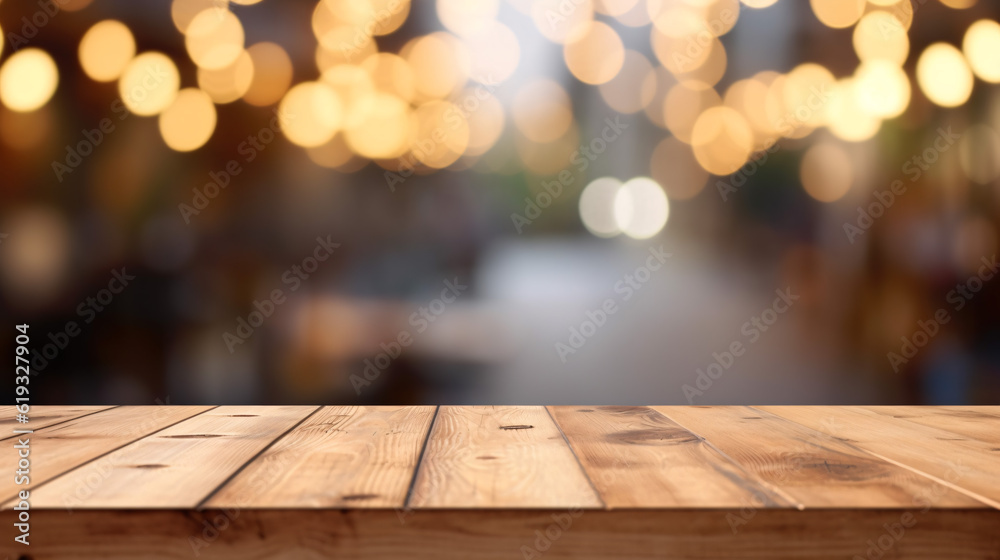 Wooden board empty table in front of blurred background. Generative Ai