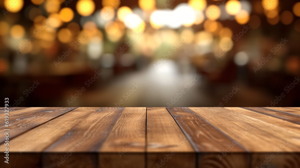 Wooden board empty table in front of blurred background. Generative Ai