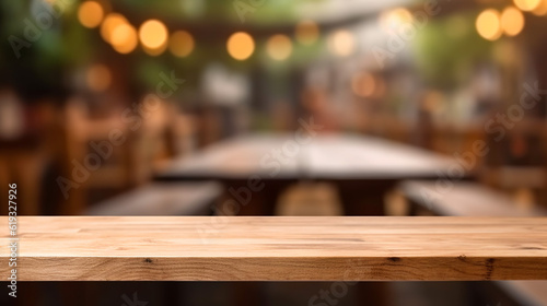 Wooden board empty table in front of blurred background. Generative Ai © rorozoa