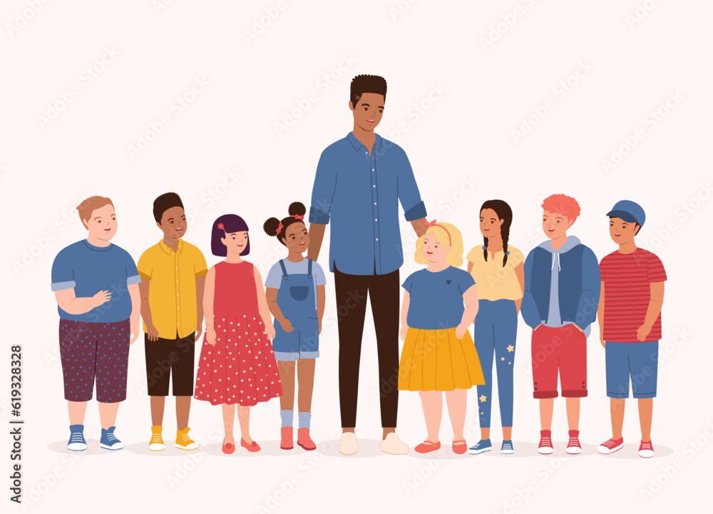 Fototapeta premium One Smiling Black Male Teacher With A Racial Diversity Group Of Happy Kids With Different Skin Tones, Hair Styles And Body Sizes Standing Together. Full Length. Flat Design Style, Character, Cartoon