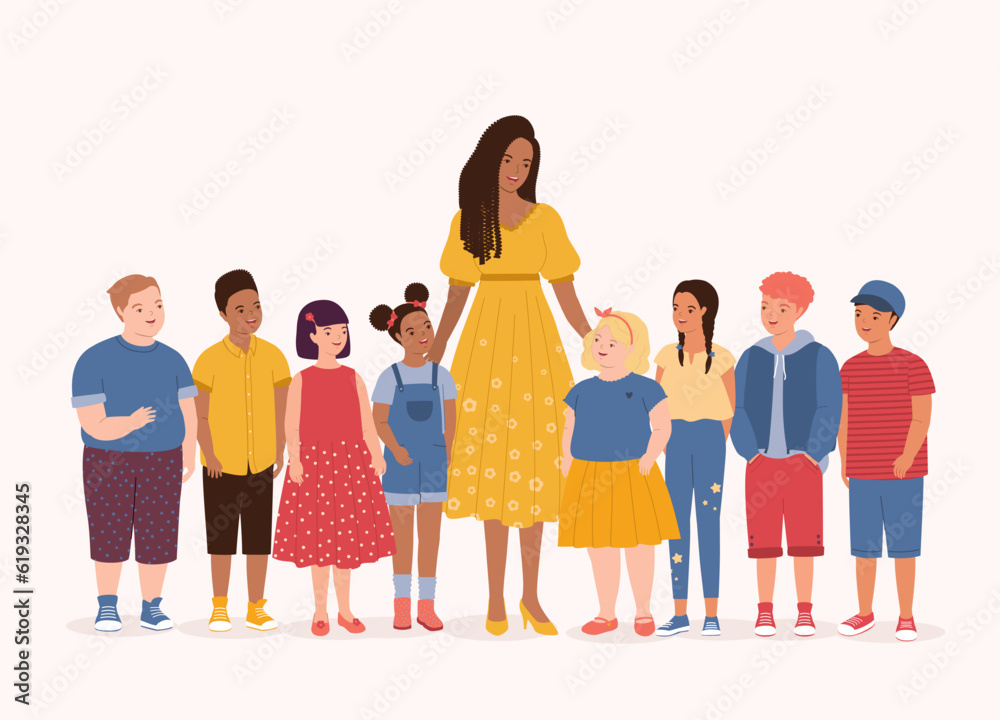 One Smiling Black Female Teacher With A Racial Diversity Group Of Happy Kids With Different Skin Tones, Hair Styles And Body Sizes Standing Together. Full Length. Flat Design Style, Character, Cartoon One Smiling Black Female Teacher With A Racial Diversity Group Of Happy Kids With Different Skin Tones, Hair Styles And Body Sizes Standing Together. Full Length. Flat Design Style, Character, Cartoon