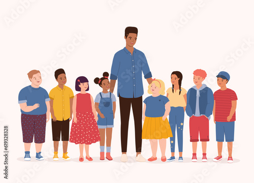 One Smiling Black Male Teacher With A Racial Diversity Group Of Happy Kids With Different Skin Tones, Hair Styles And Body Sizes Standing Together. Full Length. Flat Design Style, Character, Cartoon