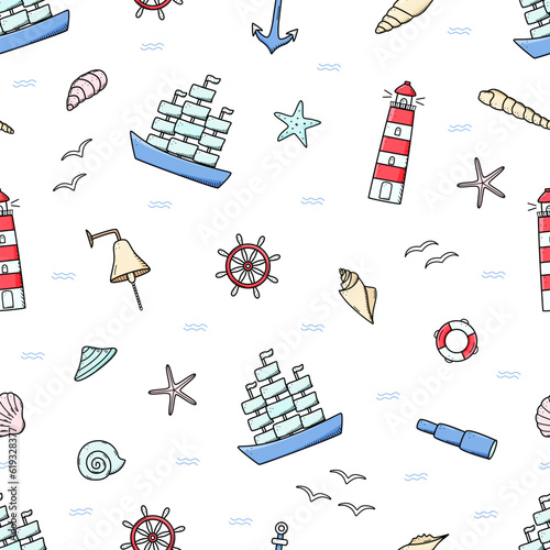 Seamless pattern icons of sea life. Ship telescope shells, lifebuoy anchor steering wheel bull, lighthouse and seagulls. Vector illustration, symbols of sailors or pirates.
