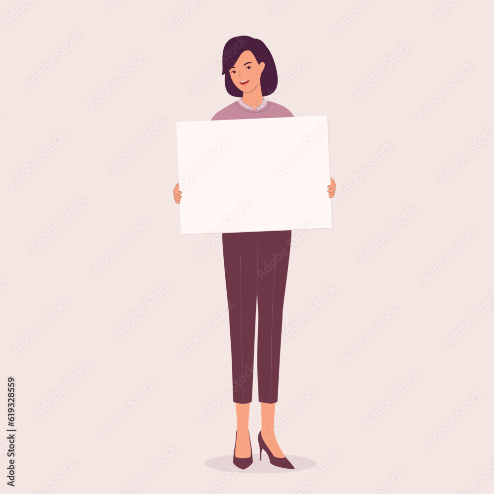 One Smiling Woman Standing And Holding A Blank Empty Sign With Face Looking In Front. Full Length. Flat Design Style, Character, Cartoon. One Smiling Woman Standing And Holding A Blank Empty Sign With Face Looking In Front. Full Length. Flat Design Style, Character, Cartoon.
