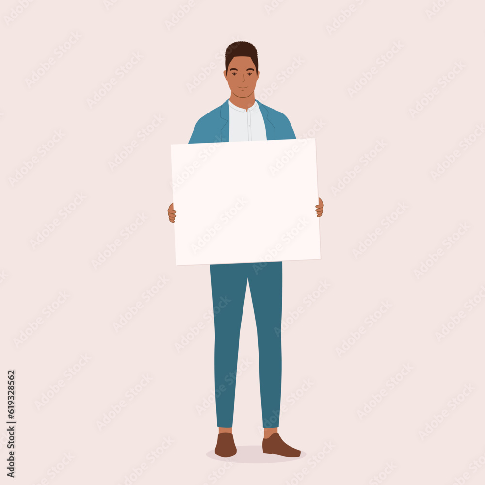 One Smiling Black Businessman Standing And Holding A Blank Empty Sign With Face Looking In Front. Full Length. Flat Design Style, Character, Cartoon. One Smiling Black Businessman Standing And Holding A Blank Empty Sign With Face Looking In Front. Full Length. Flat Design Style, Character, Cartoon.