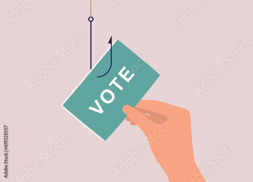 Concept Of Phishing Attack On Voting System. A Person’s Hand Holding A Voting Paper With Fishing Hook. Close-Up. Flat Design Style, Character, Cartoon.