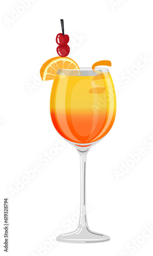 Vector illustration of an orange cocktail with a slice of citrus fruits and a straw on a white background in a flat style. Suitable for menu design, food stickers, scrapbooking.