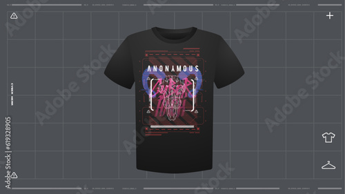 Men's t-shirt with futuristic print mockup. Front view. Vector template. Cyber Hud Design print.