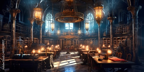 medieval library, gothic reading room interior with desks, old mysterious castle, fictional interior created with generative ai