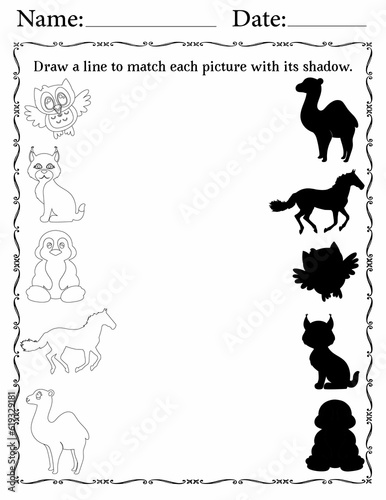Matching Activity Pages for Kids   Matching Activity Worksheets for Homeschooling   Match Animals to Their Shadows