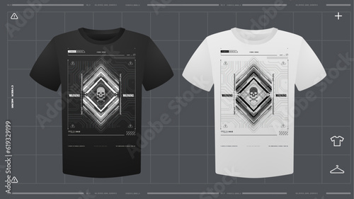 Men's t-shirt with futuristic print mockup. Front view. Vector template. Cyber Hud Design print.