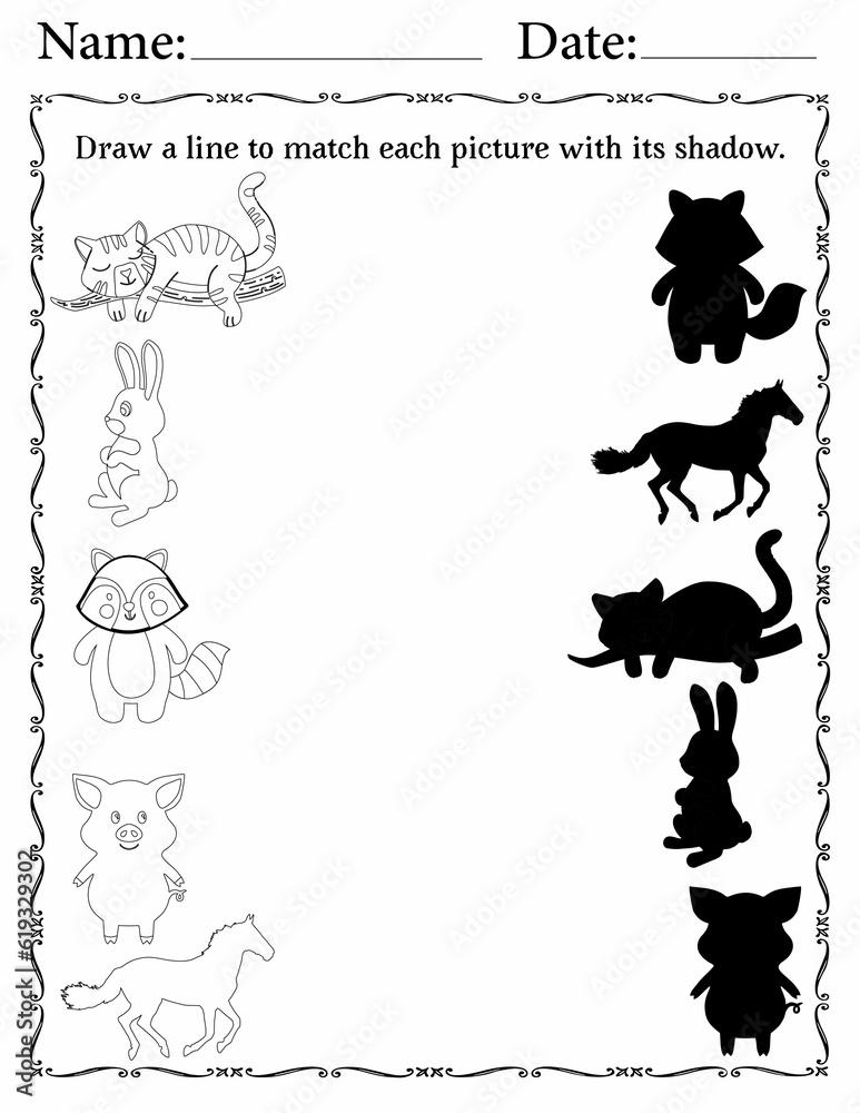 Printable Matching Activity Pages for Kids | Matching Activity Worksheets for Critical Thinking | Match Animals to Their Shadows