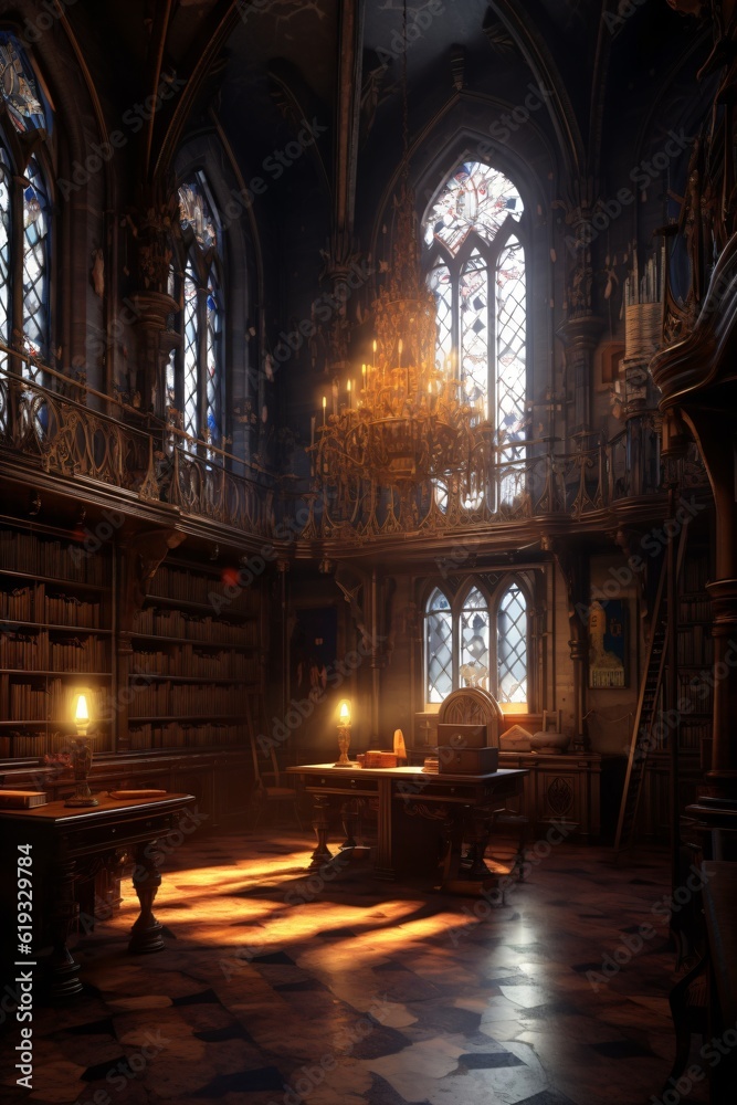 medieval library, gothic reading room interior with desks, old mysterious castle, fictional interior created with generative ai