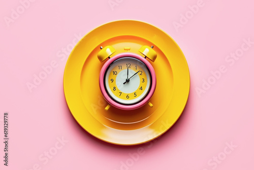 Fototapete Empty plate with alarm clock on pink, intermittent fasting concept, created with Generative AI technology
