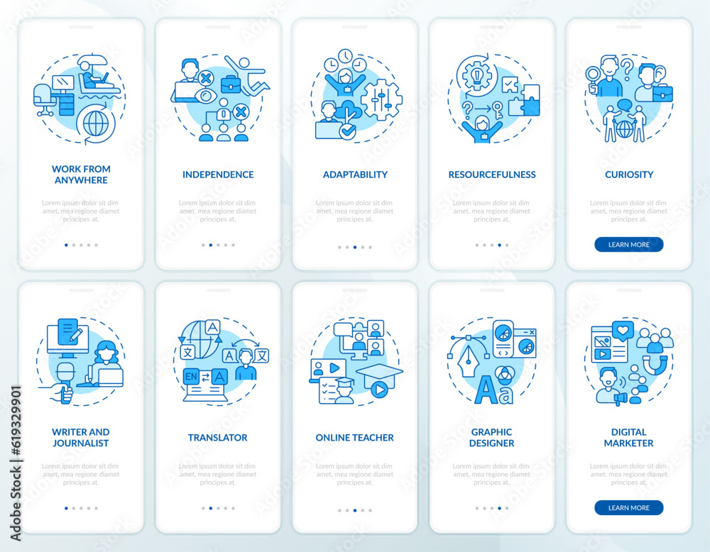 Digital nomad blue onboarding mobile app screen set. Work from anywhere ...