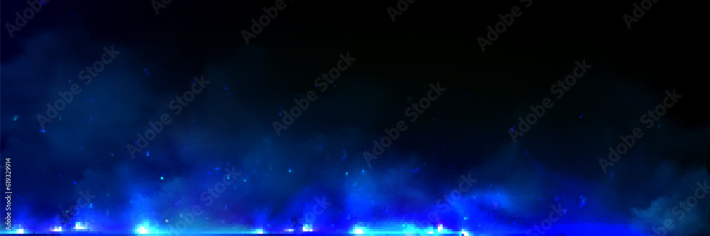Realistic blue fire and smoke on black background. Vector illustration of abstract neon flame burning, mist with sapphire particles sparkling, poisonous substance in air, witchcraft spell effect Realistic blue fire and smoke on black background. Vector illustration of abstract neon flame burning, mist with sapphire particles sparkling, poisonous substance in air, witchcraft spell effect