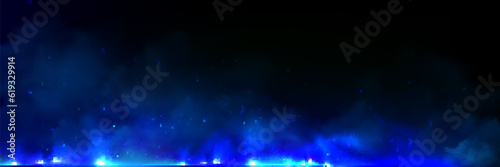 Realistic blue fire and smoke on black background. Vector illustration of abstract neon flame burning, mist with sapphire particles sparkling, poisonous substance in air, witchcraft spell effect