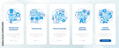 Digital nomad jobs blue onboarding mobile app screen. Freelance work walkthrough 5 steps editable graphic instructions with linear concepts. UI, UX, GUI template. Myriad Pro-Bold, Regular fonts used