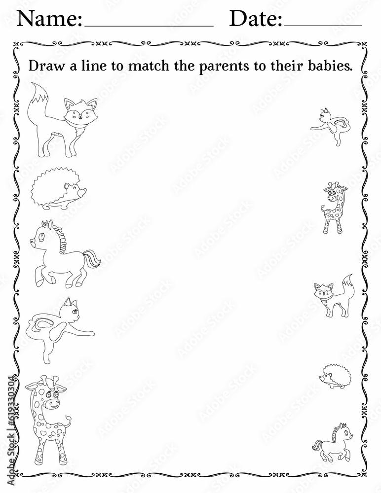 Printable Matching Activity sheet for Kids | Matching Activity Worksheets for Children | Match Animals to Their Babies