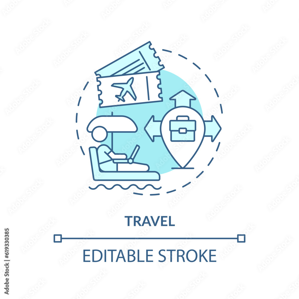 Travel turquoise concept icon. Wi fi zone. Working on computer. Freelance worker. E business. Laptop lifestyle abstract idea thin line illustration. Isolated outline drawing. Editable stroke Travel turquoise concept icon. Wi fi zone. Working on computer. Freelance worker. E business. Laptop lifestyle abstract idea thin line illustration. Isolated outline drawing. Editable stroke