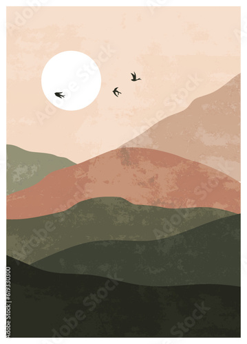 Nature landscape poster. Minimalist scene with mountains moon sky, contemporary abstract print for wall decor. Vector design