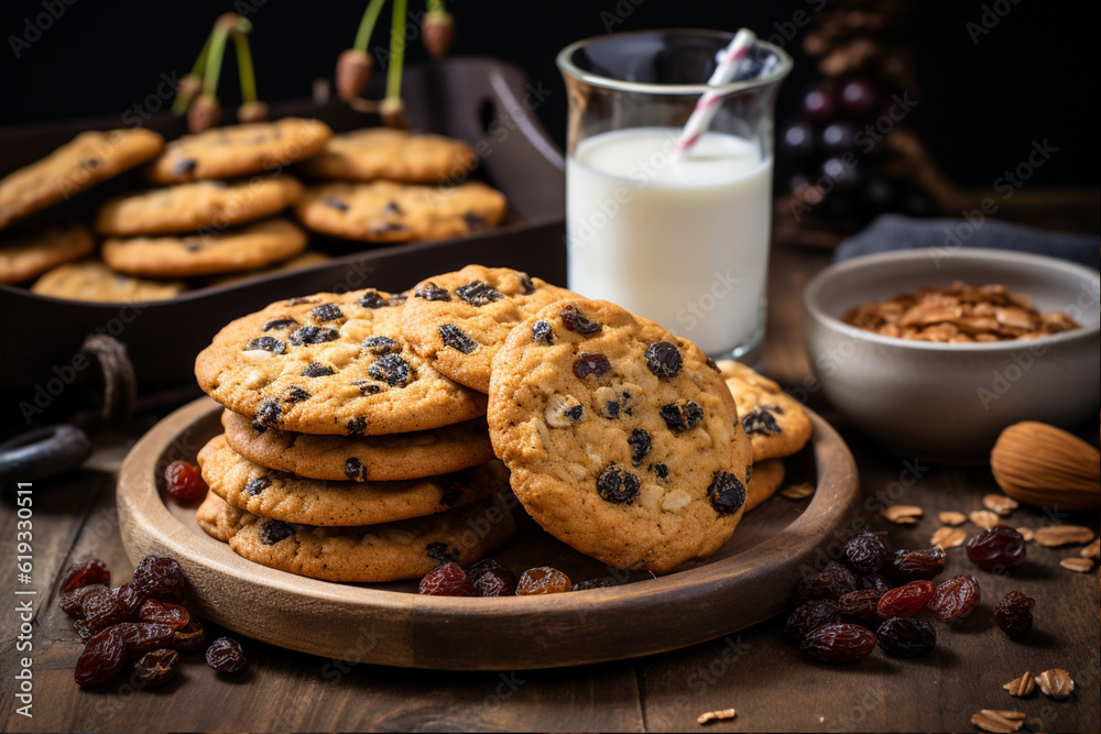 vegan cookies on wooden stack of hearty with plump raisins next to a glass of cold milk closeup on dark background Generative AI vegan cookies on wooden stack of hearty with plump raisins next to a glass of cold milk closeup on dark background Generative AI