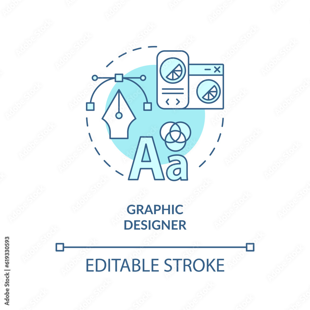 Graphic designer turquoise concept icon. Creative occupation. Digital skill. Freelance worker. Visual communication abstract idea thin line illustration. Isolated outline drawing. Editable stroke