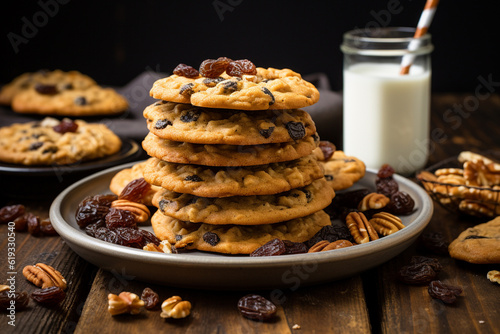 Chocolate cookies on wooden stack of hearty and chewy cookies, studded with plump raisins and hints of cinnamon next to a glass of cold milk closeup on dark background Generative AI photo