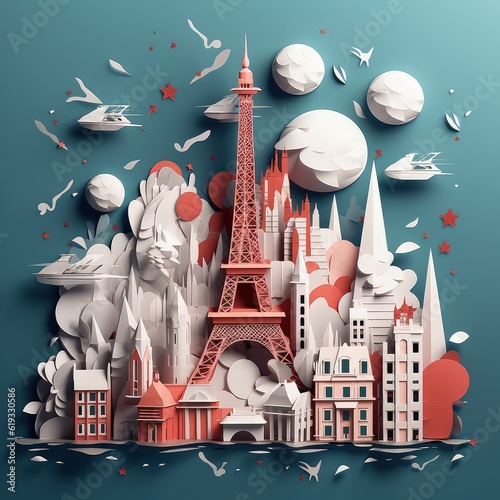 Patriotic Paper Cuts 3D Craft Style Illustration Celebrating Bastille Day.