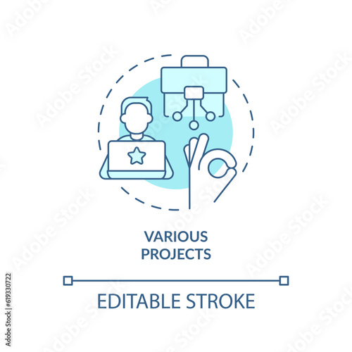 Various projects turquoise concept icon. Personal growth. Professional development. Digital nomad. Creative freedom abstract idea thin line illustration. Isolated outline drawing. Editable stroke