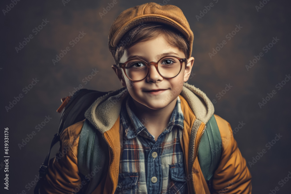 schoolboy with glasses with backpack is ready to go to school for education. generative AI schoolboy with glasses with backpack is ready to go to school for education. generative AI