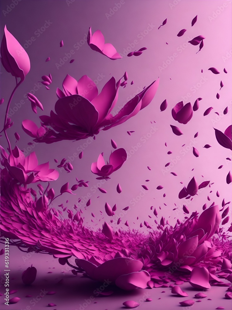 Artistic abstract of pink flower petals in mid air, portrait made with Generative AI.
