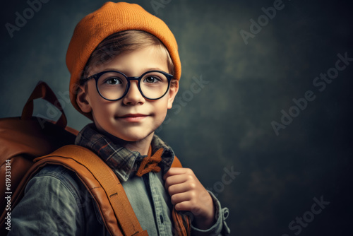 schoolboy with glasses with backpack is ready to go to school for education. generative AI photo