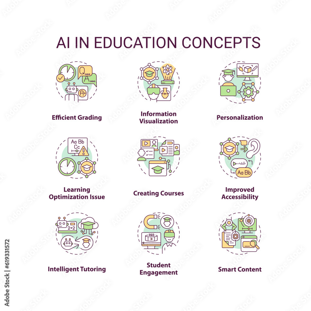 Set of 2D multicolor icons representing AI in education concepts, pack of isolated vector illustrations.