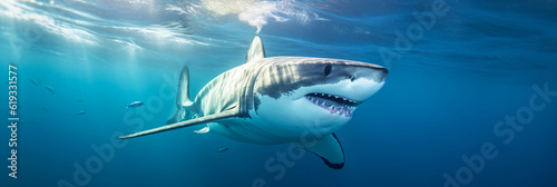 great white shark swimming in the deep blue ocean, generative ai