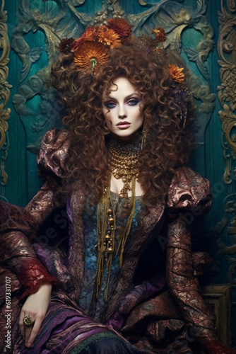 beautiful fantasy woman with extravagant hairstyle wearing a luxurious dress, fictional person created with generative ai