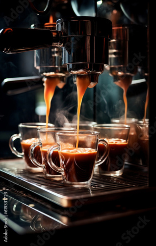 Coffee being poured into the cups of espresso machine