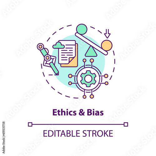 2D multicolor icon representing ethics and bias in AI education, isolated vector illustration, innovation in education.