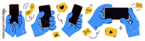 hands holding mobile phones with social media icons.