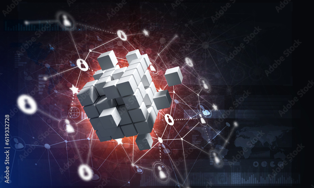 Fototapeta premium Concept of Internet and networking with digital cube figure on dark background