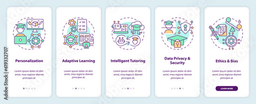 5 steps multicolor icons representing artificial intelligence in education, graphic instructions with linear concepts, app screen.