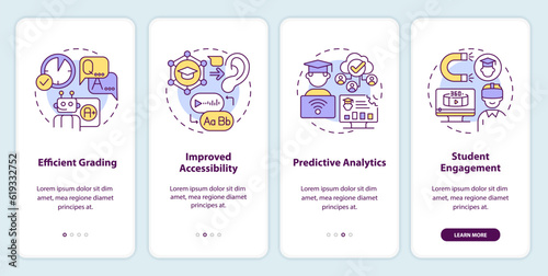 4 steps 2D multicolor icons representing AI in education, graphic instructions with linear concepts, app screen. © bsd studio