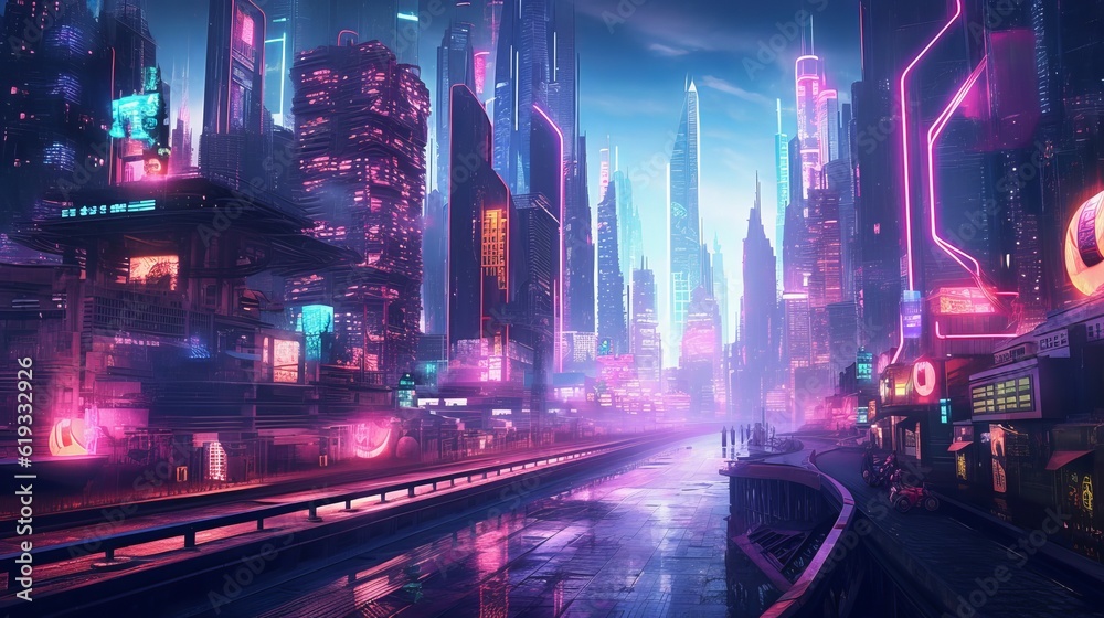 Cyberpunk Cityscape with Blue and Pink Neon lights. Night scene with Visionary Architecture Generative AI