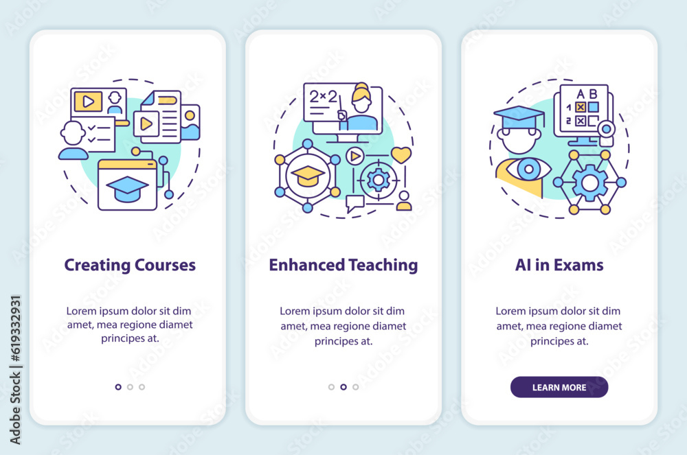 3 steps 2D multicolor icons representing AI in education, graphic instructions with linear concepts, app screen.