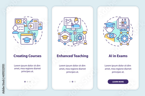 3 steps 2D multicolor icons representing AI in education, graphic instructions with linear concepts, app screen.